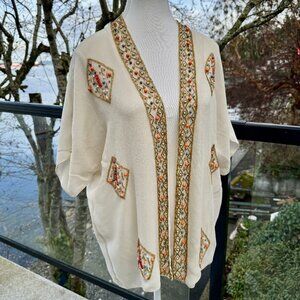 Cream Chiffon Multicolour Beaded Short Summer Kimono